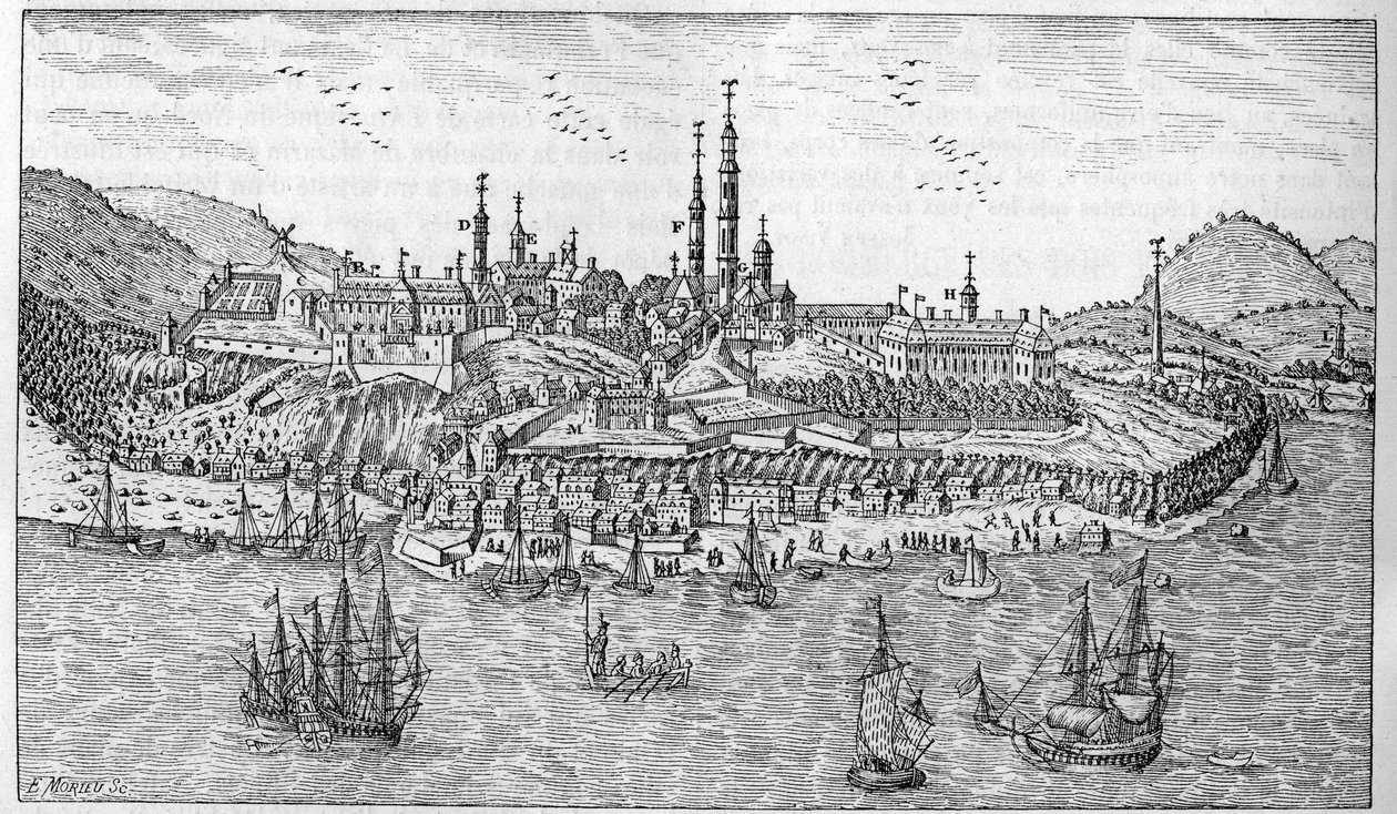 Pohled na město Quebec v Kanadě (konec 17. století): A. Jardin du fort. B. Pevnost. C. Prašárna. D. Les Recollets. E. Uršulínky. F. Jezuité. G. Katedrála. H. Seminář. I. Hotel Dieu. L. Všeobecná nemocnice. Pane L