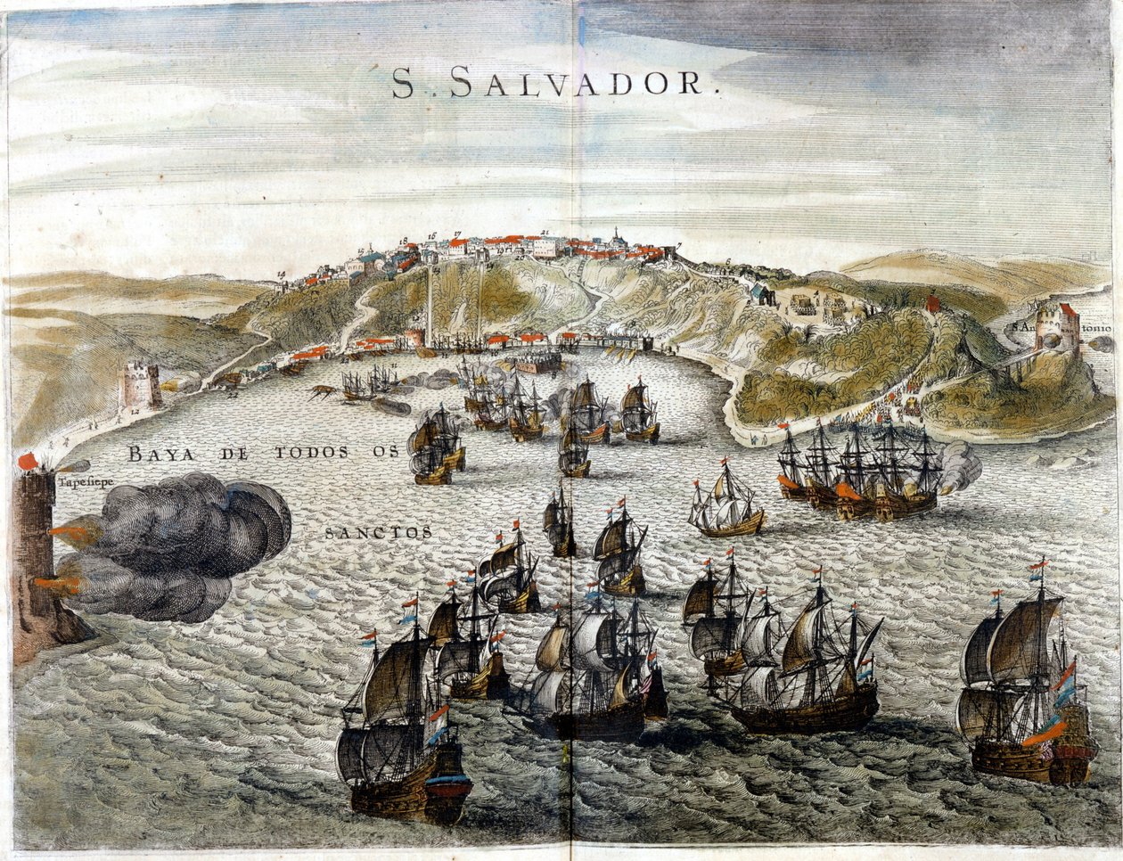 Pohled na Salvador, dříve známý jako Bahia, hlavní město Brazílie v roce 1549, kdy bylo založeno - Rytina 16. století od Unknown artist