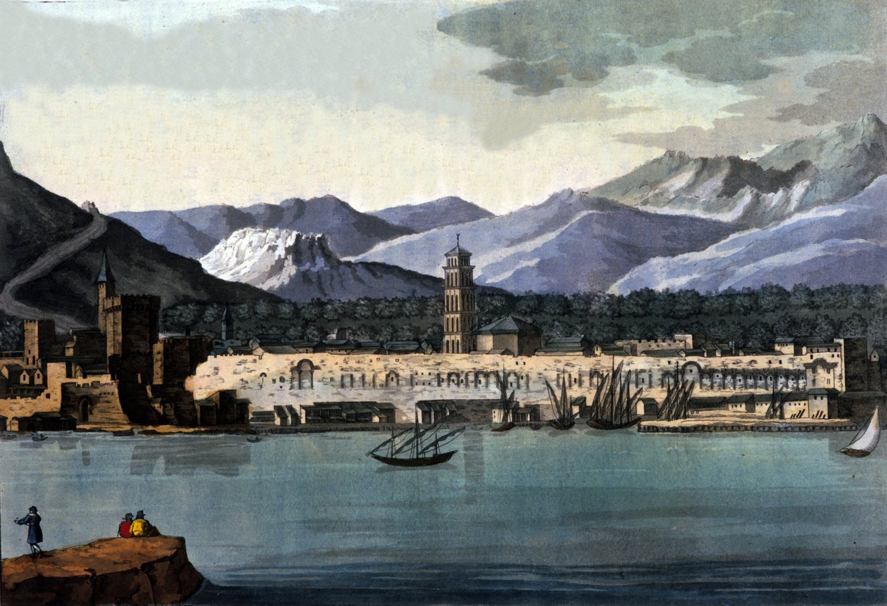 Pohled na Split (Spalato), Chorvatsko, od moře. Akvarel z počátku 19. století od Unknown artist