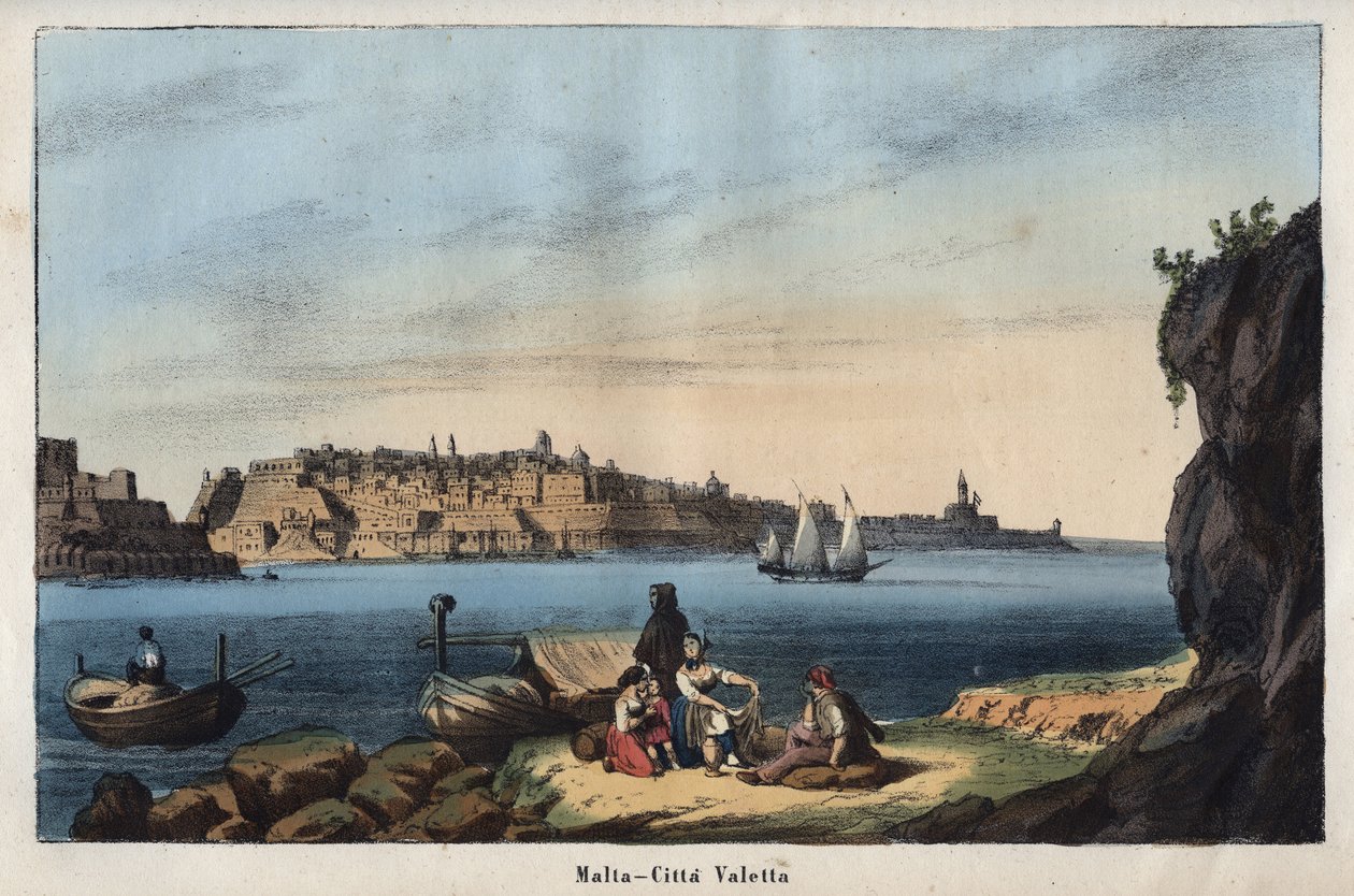 Pohled na Vallettu (Malta) v 19. století - rytina z „“ Zvyky a tradice všech národů vesmíru. Tedy Dějiny vlády, zákonů, milicí, náboženství všech národů od nejvzdálenějších dob až po současnost „1856 od Unknown artist