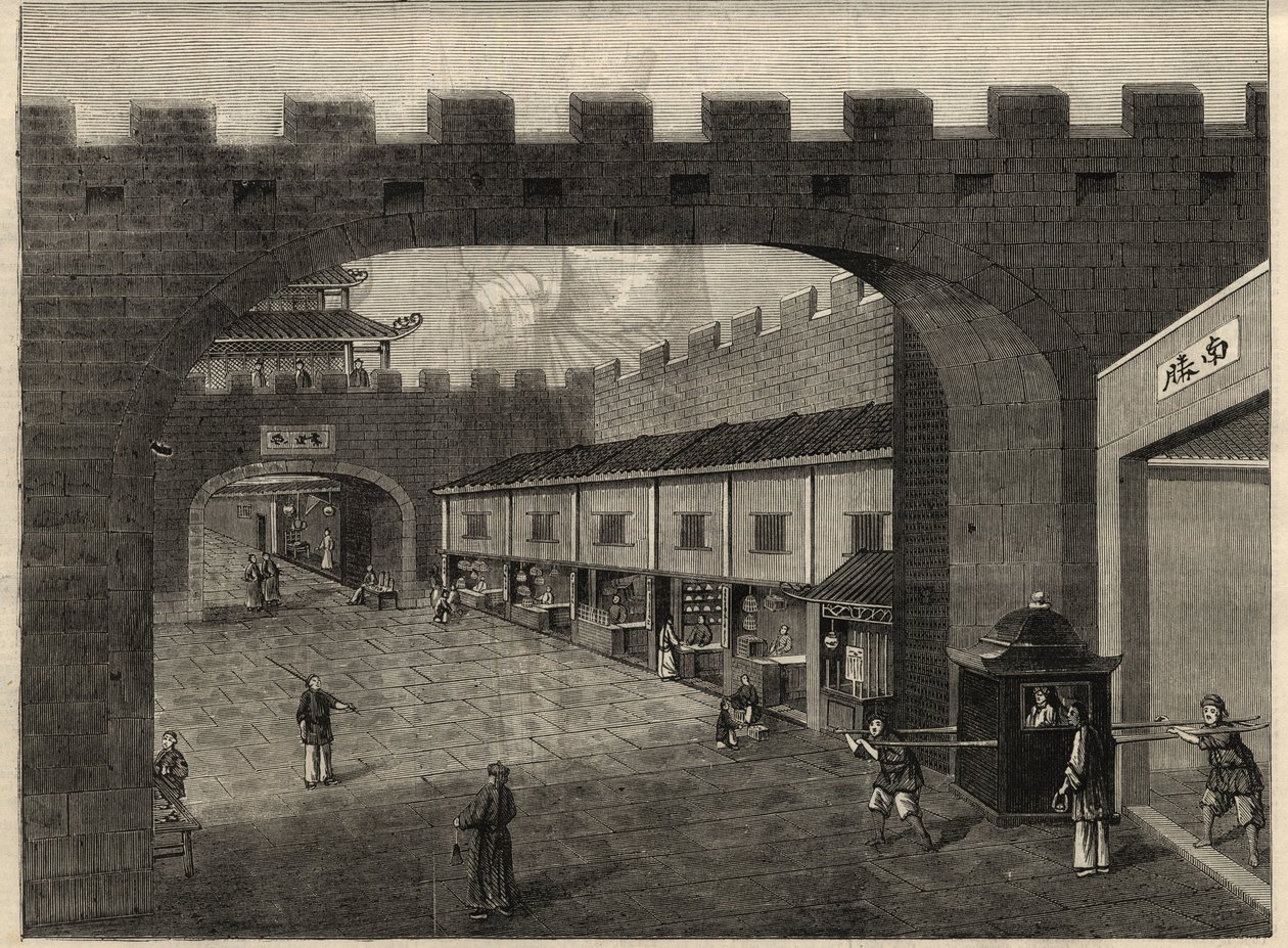 Pohled na ulici v městských hradbách Guangzhou, Čína. Rytina v „“The Illustrated London News““ ze 14. února 1857. od Unknown artist