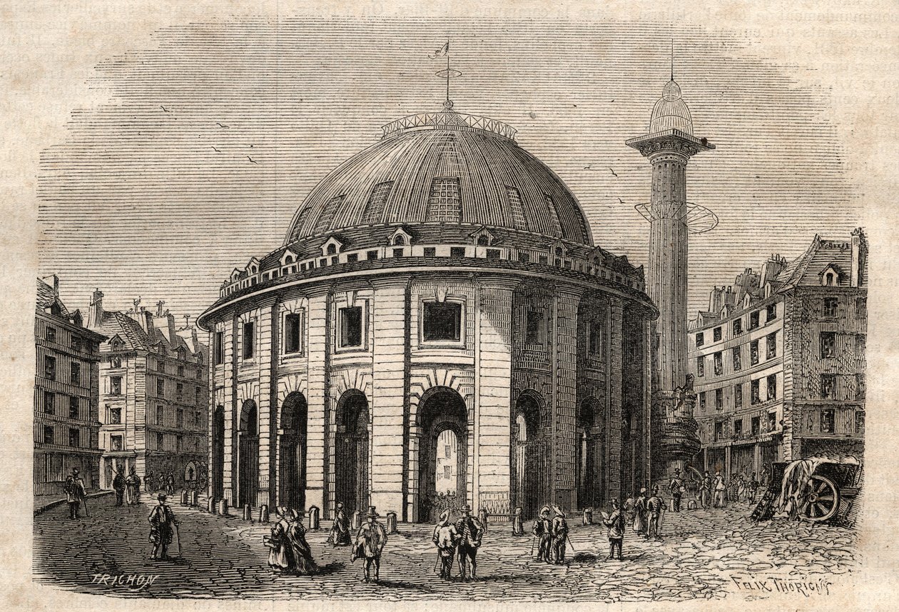Pohled na halle au ble v Paříži (postavena v letech 1763-1769) a Medicejský sloup, rytina začátek 19. století - burza pšenice a kukuřice v Paříži (postavena v letech 1763-1769), rytina počátek 19. století - Vue de la Halle au ble, umístěn na současném Hote od Unknown artist