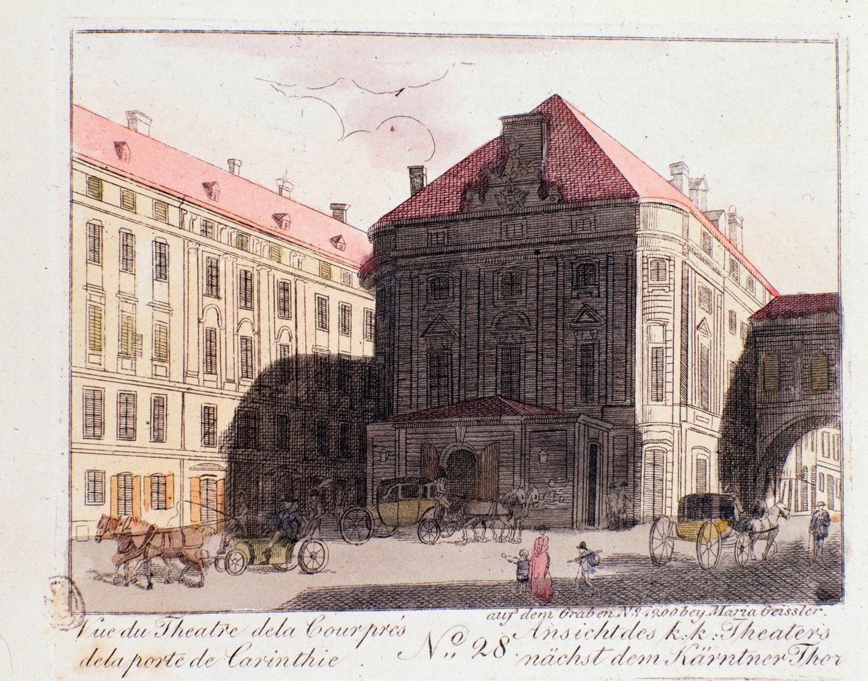 Pohled na Dvorní divadlo poblíž Korutanské brány (Karntnertortheater nebo Theater am Karntnertor) ve Vídni, kde byla 7. 5. 1824 poprvé zastoupena Beethovenova 9. symfonie. Rakousko. Rytina ze soukromé sbírky z roku 1815 od Unknown artist