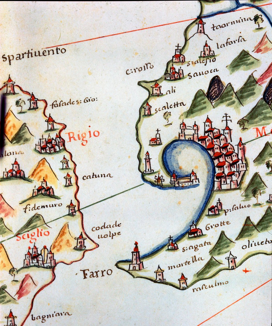 Pohled na Detroit Messina mezi Kalábrií a Sicílií v Itálii. Detail portulanu Castellini od Unknown artist