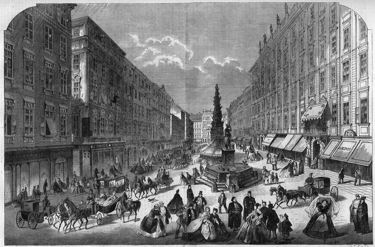 Pohled na Graben ve Vídni, Rakousko. Gravírování v „The Illustrous Universe“ od Unknown artist