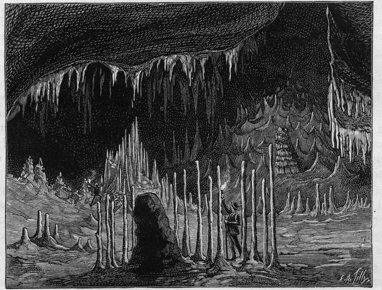 Pohled na „Církevní síň““ v jeskyni Dargilan (Lozere). Gravírování v „“ La Nature. Revue des sciences et de ses applications aux arts et a l