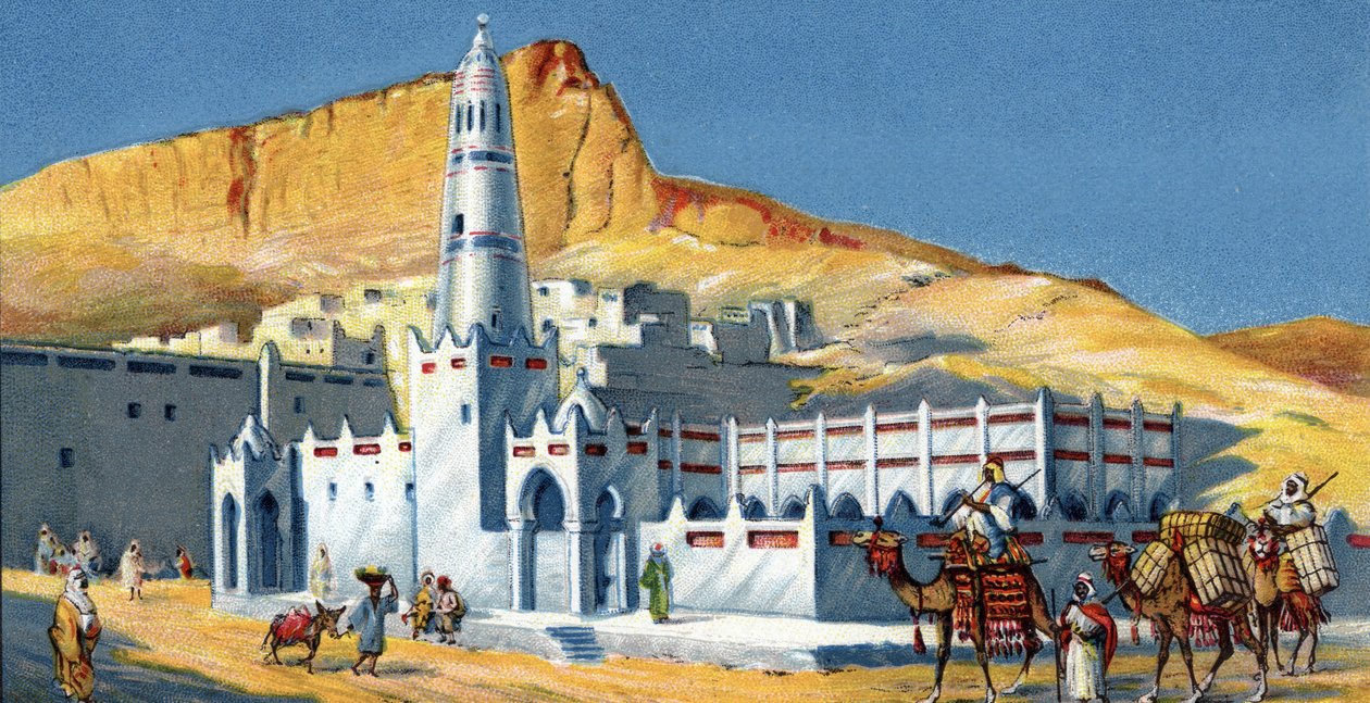 Pohled na mešitu Horeda, poušť Hadramaout, Jemen (Horeda Mosque Hadramaut Yemen) chromolitografie z roku 1930 Soukromá sbírka od Unknown Artist