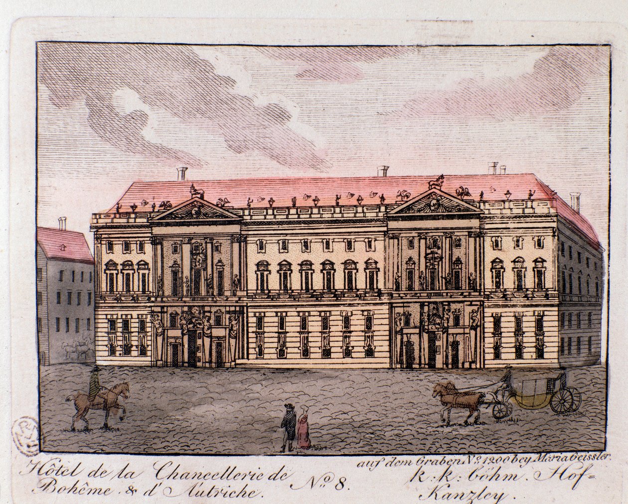 Pohled na hotel kancléřství Boheme a Rakouska ve Vídni, Rakousko. Rytina ze soukromé sbírky z roku 1815 od Unknown artist