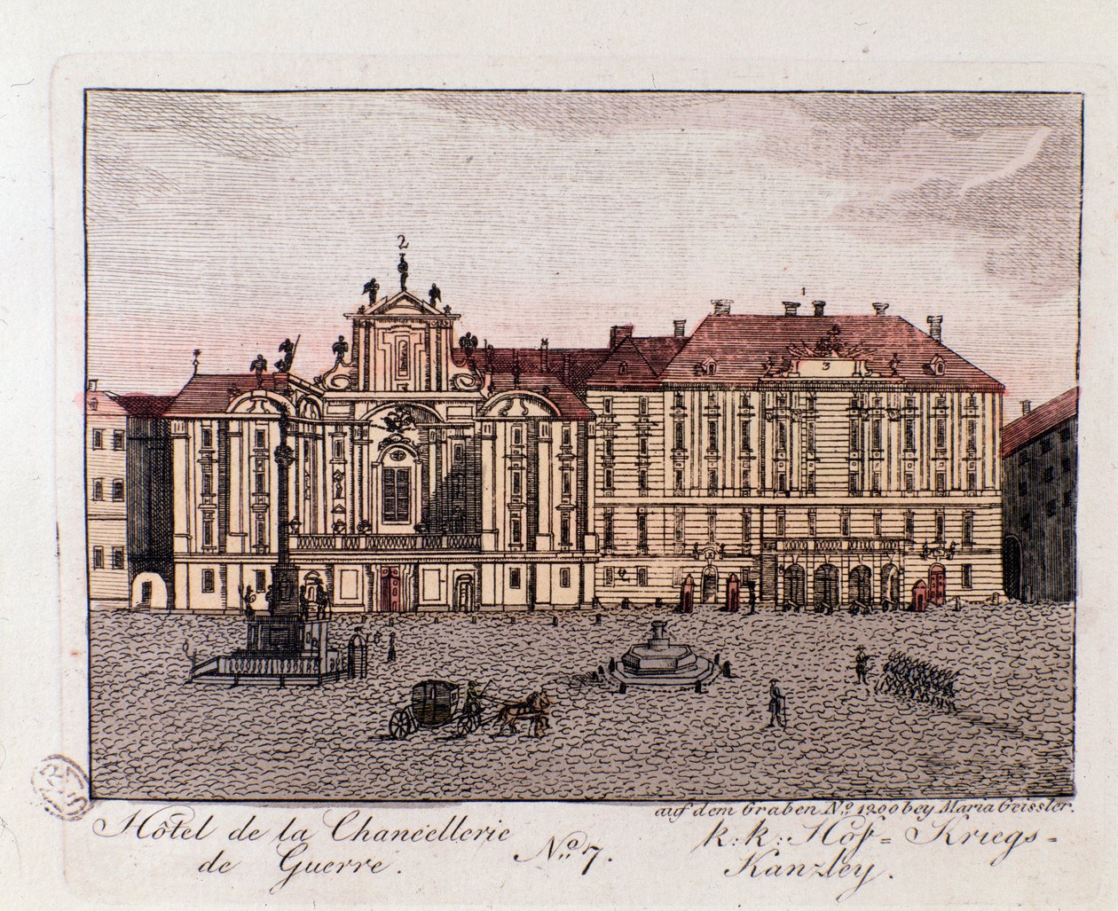Pohled na hotel válečného kancléře ve Vídni. Rakousko Rytina z roku 1815 Soukromá sbírka od Unknown artist