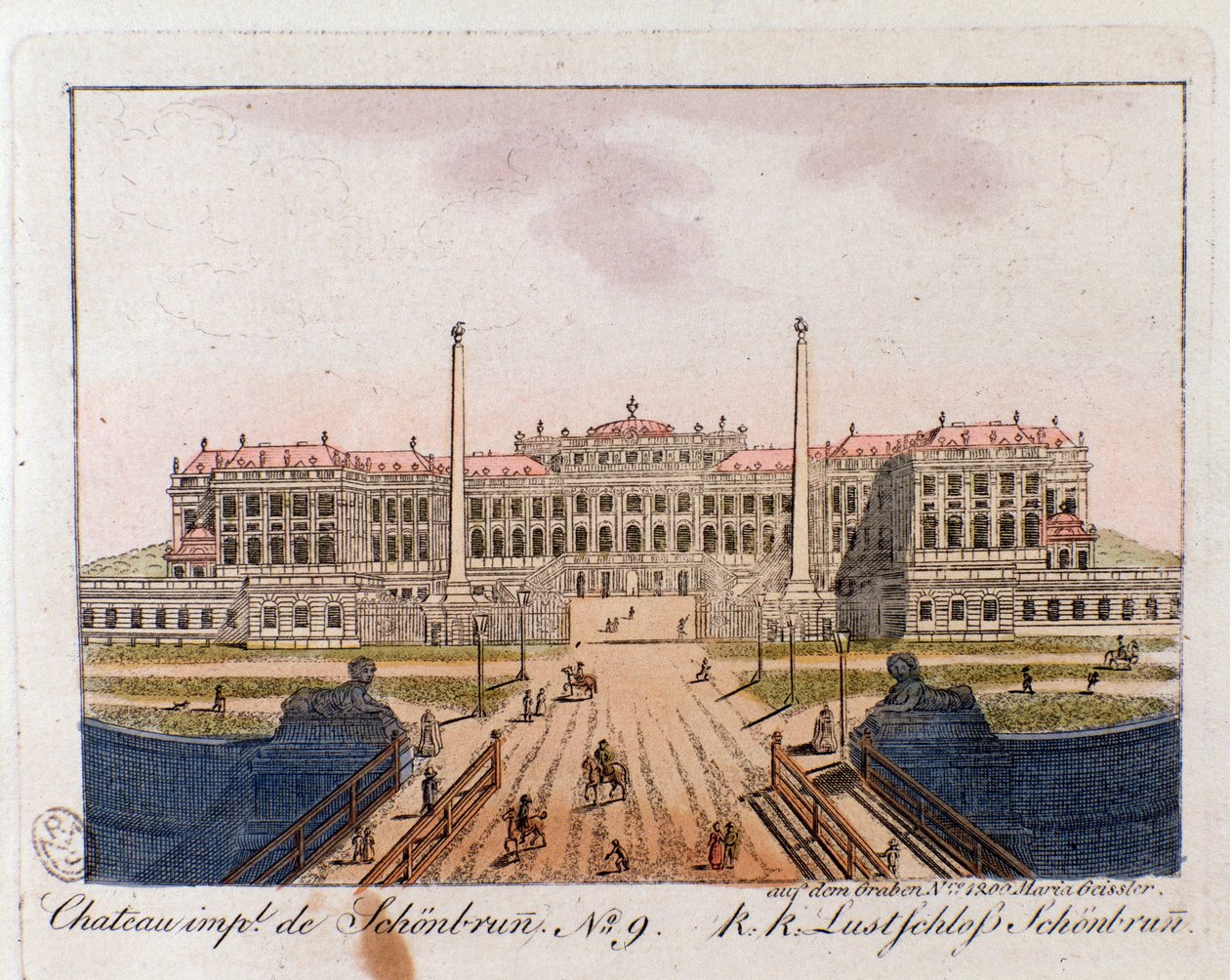 Pohled na císařský zámek Schonbrunn (Schonbrun) (16.-17. století) nedaleko Vídně, Rakousko Rytina z roku 1815 Soukromá sbírka od Unknown artist