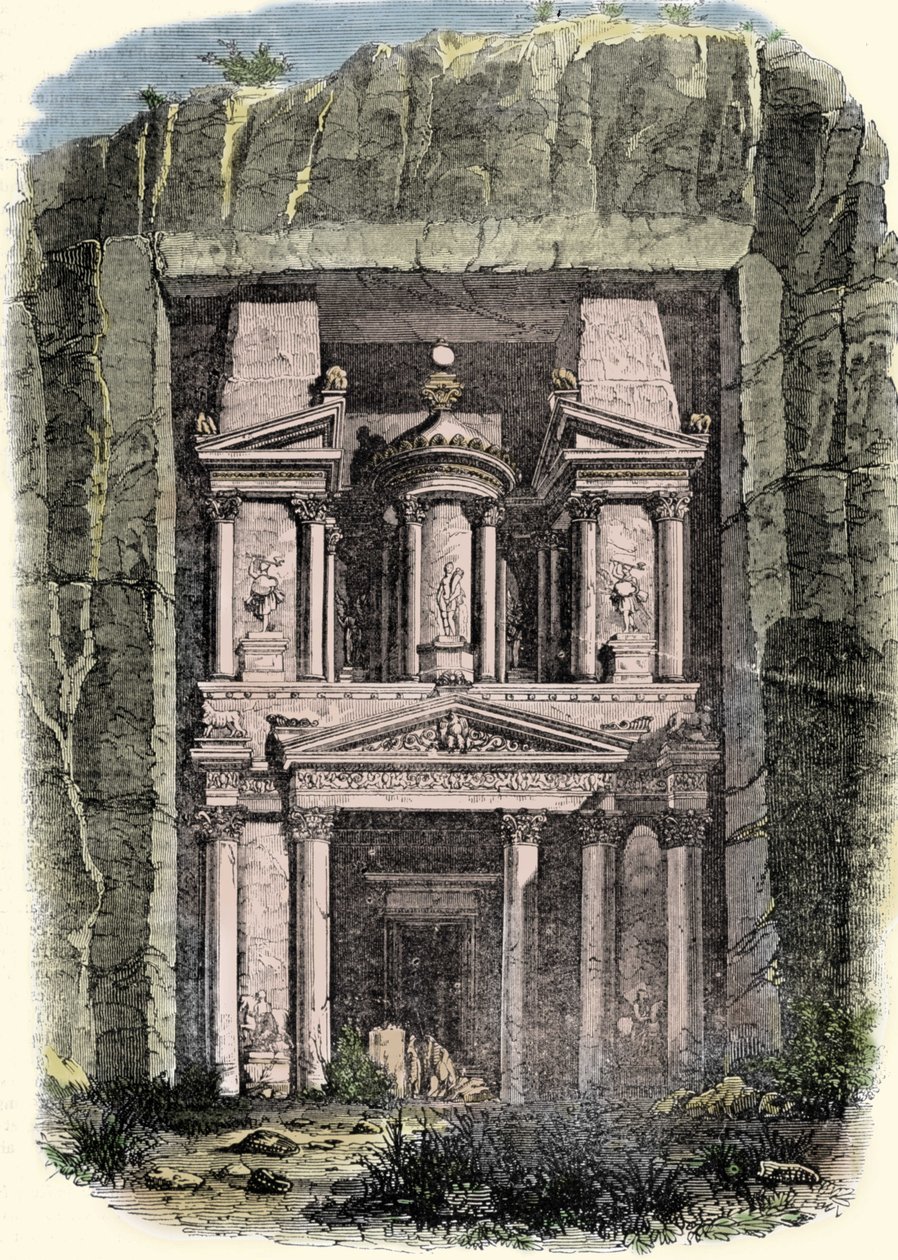 Pohled na Khazneh (Tresor) Petra v Jordánsku, bývalé hlavní město Nabatejské říše. Rytina 19. století od Unknown artist