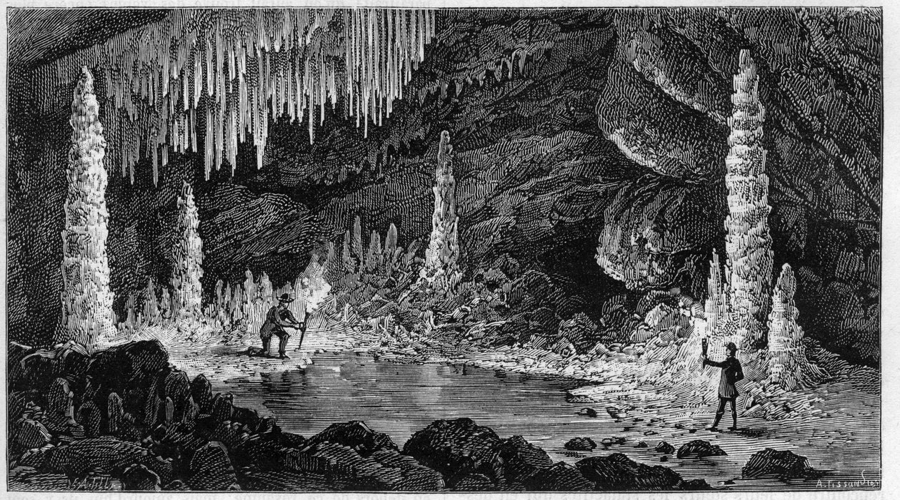 Pohled na jeskyni Reclere ve Švýcarsku. Gravírování v "" přírodě. Vědecký časopis a jeho aplikace v umění a průmyslu. od Unknown artist