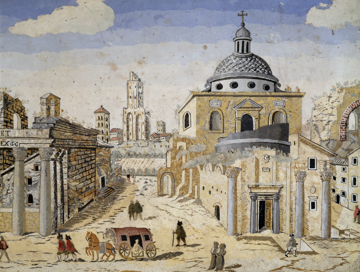 Pohled na Forum Romanum, konec 17. století, scagliola na terakotové podložce. Detail od Unknown artist