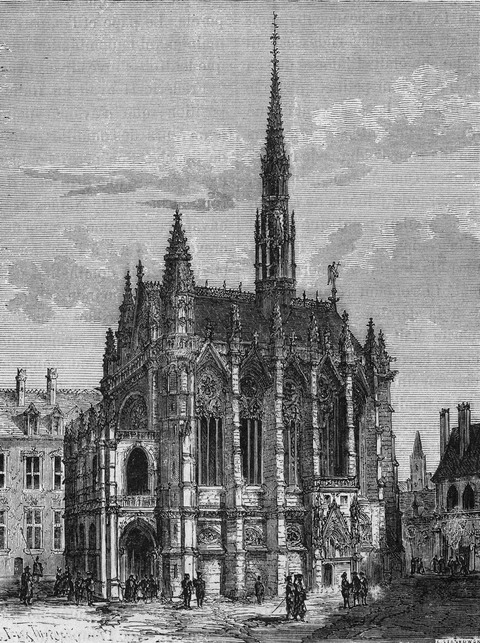 Pohled na kostel Sainte Chapelle v Paříži. Rytina z L