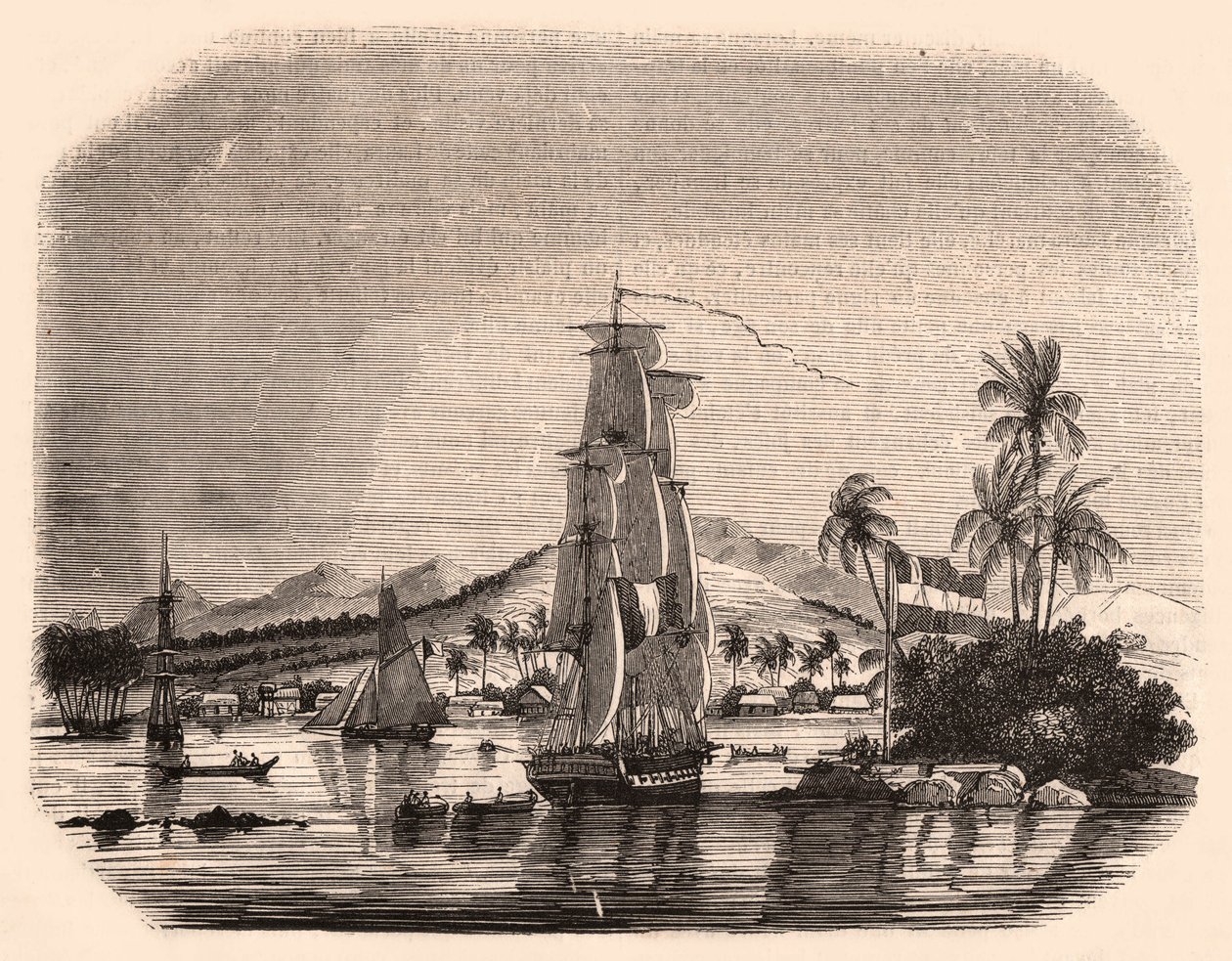 Pohled na záliv Papeete a blok Queen, Tahiti, Francouzská Polynésie a v popředí plachetnice a lodě od Unknown