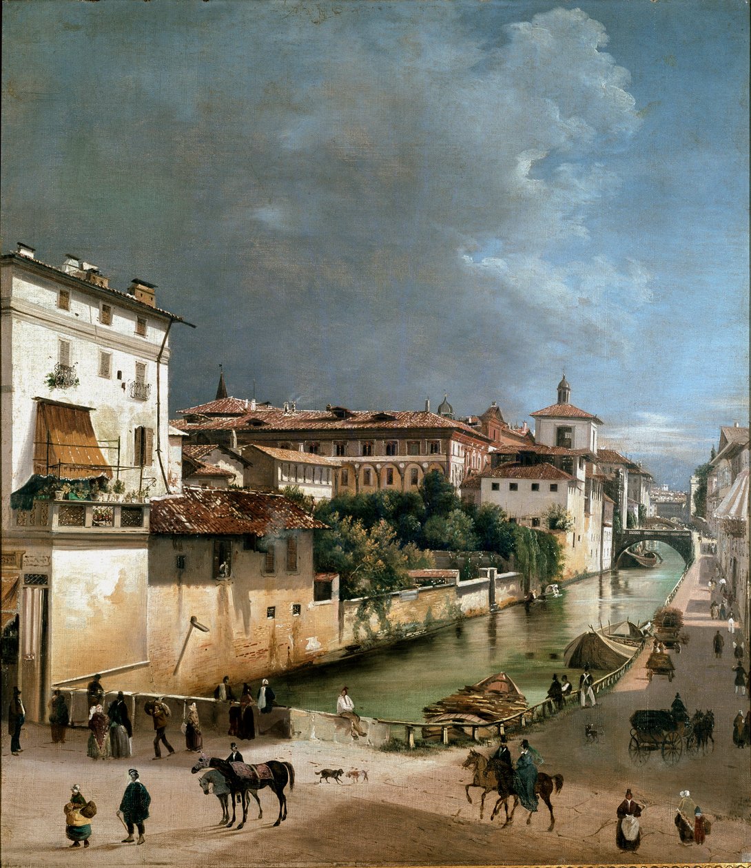 Pohled na kanál mezi mostem Porta romana a nemocničním mostem v Miláně (olej na dřevě od Unknown artist