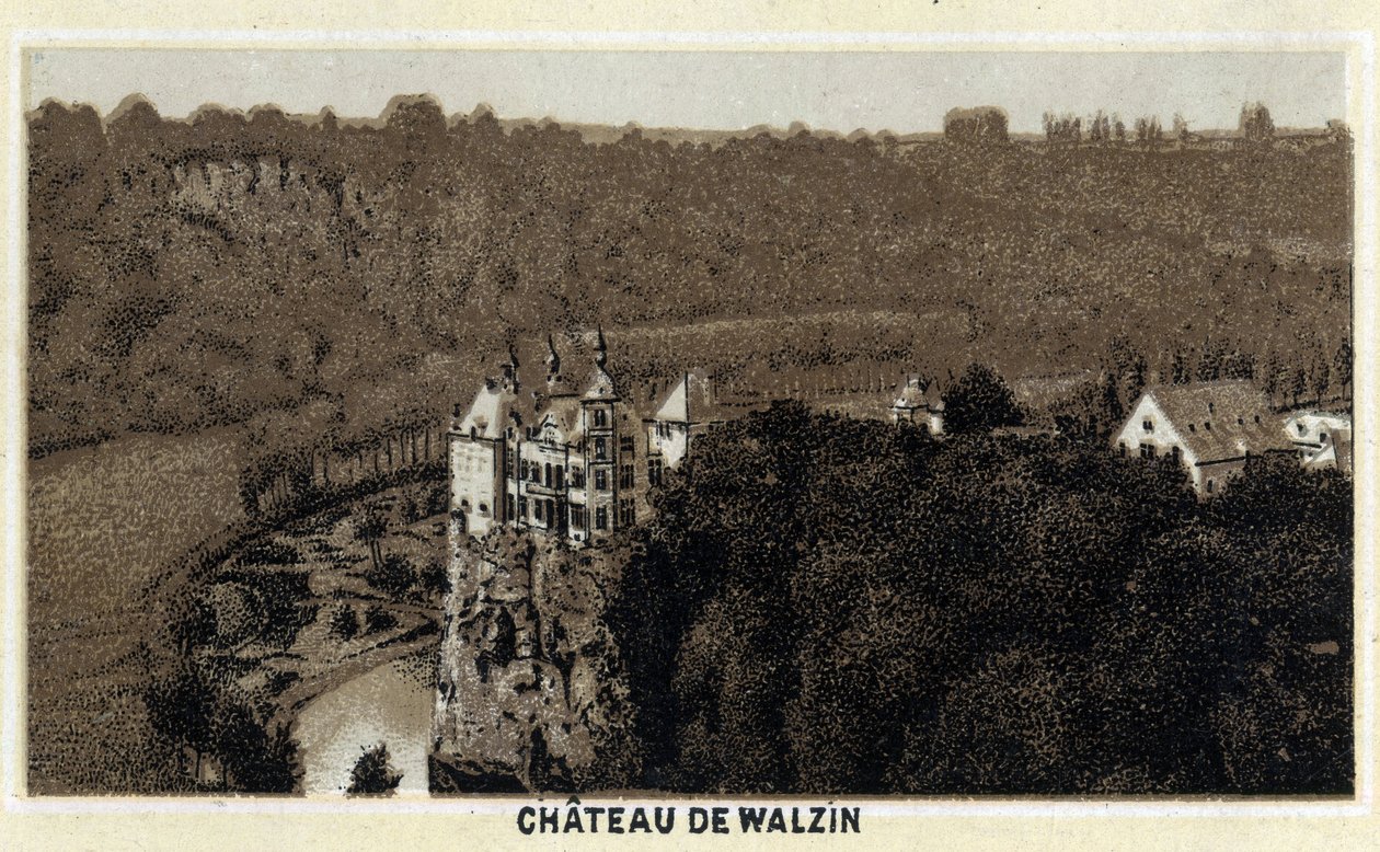 Pohled na hrad Walzin ve Valonsku (Belgie) na břehu řeky Lesse. Chromolitografie konce 19. století. od Unknown artist