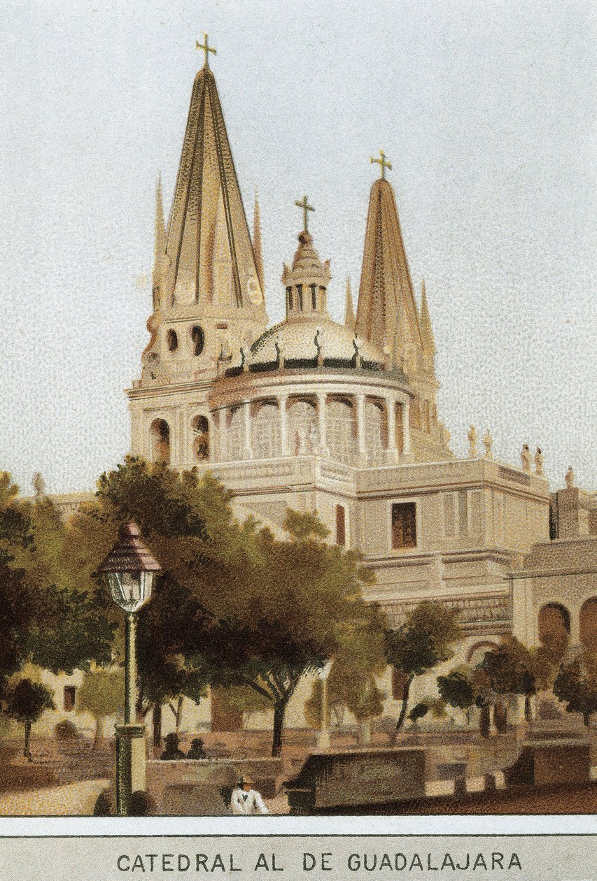 Pohled na katedrálu Guadalajara v Mexico City, Mexiko. Chromolitografie 19. století od Unknown artist