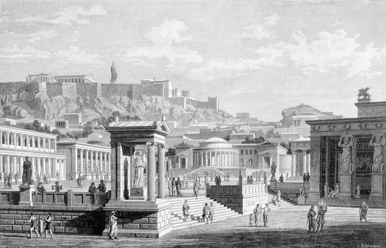 Pohled na centrum města Atén. Rytina z roku 1877. od Unknown artist