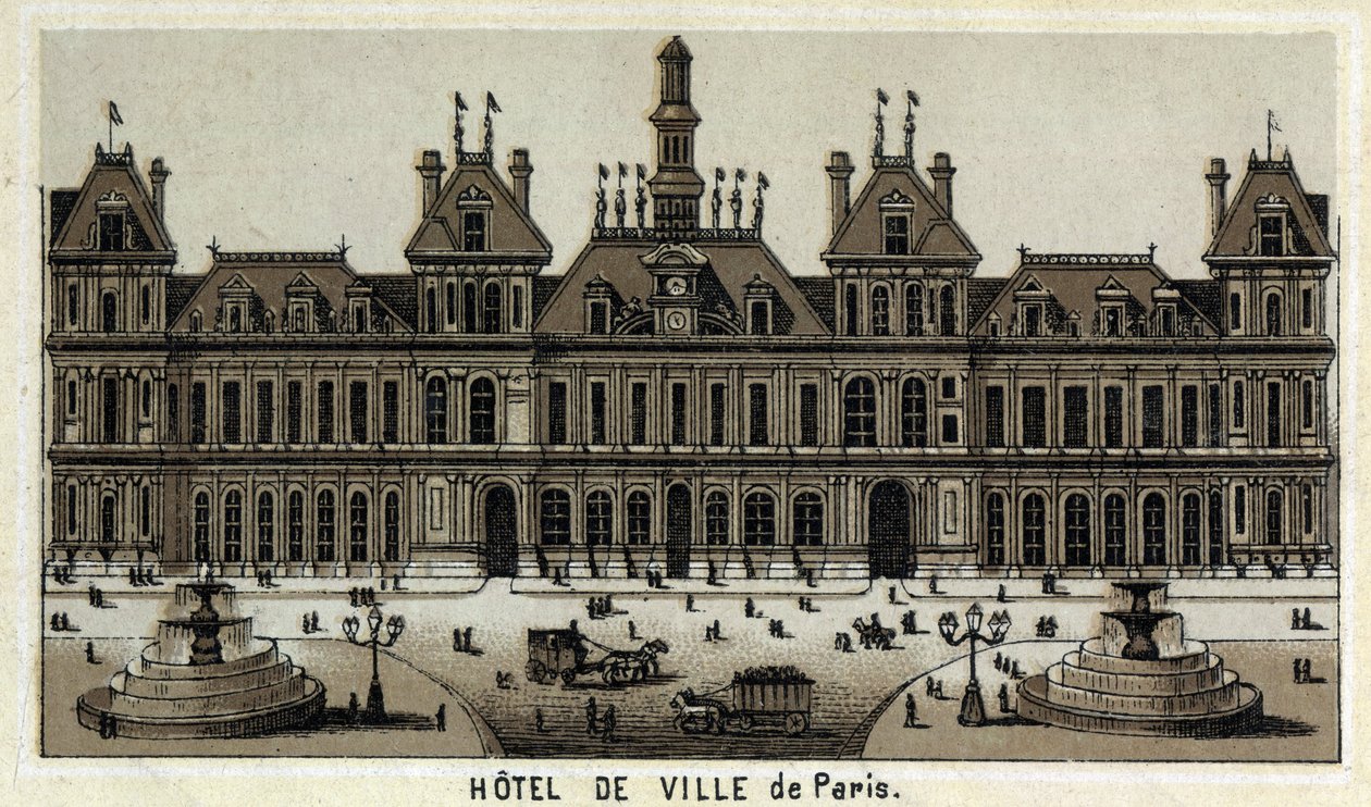 Pohled na radnici Paříže a náměstí. Chromolitografie konce 19. století. od Unknown artist