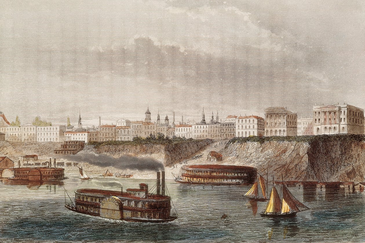 "" Pohled na město Cincinnati a stejnojmennou řeku v Ohiu "" Plují parní a kolové lodě. Rytina 19. století od Unknown artist