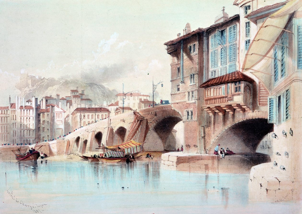 Pohled na město Lyon a Pont de Charge. Akvarel z roku 1837. Paříž, B.N. od Unknown artist