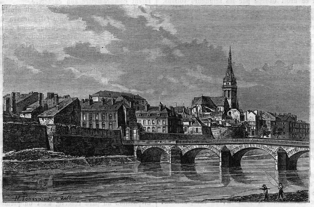 Pohled na město Mezieres na konci 19. století. Rytina v „“ le journal de la Jeunesse „“ z roku 1888. od Unknown artist
