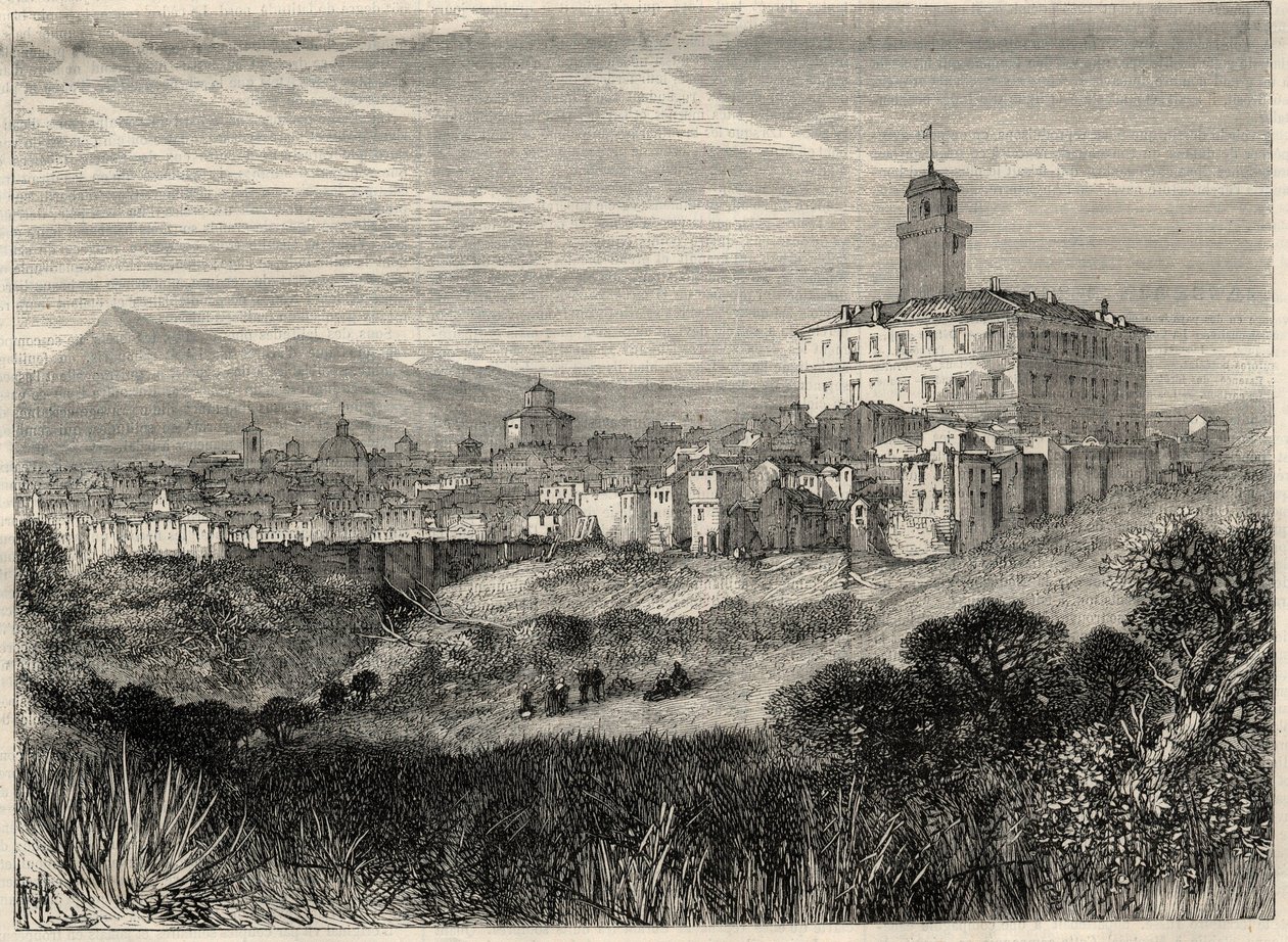 Pohled na město Monterotondo (Monte Rotondo, Monte-Rotondo) v Itálii. Gravírování v "" L