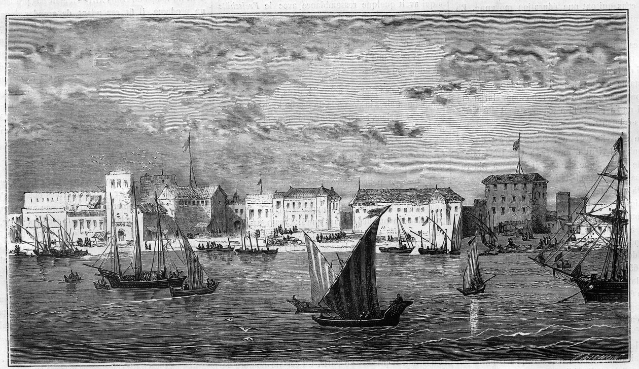 Pohled na město Zanzibar v Africe. Vlevo francouzský konzulát. Vpravo sultánův palác a arzenál. Rytina do „The Universe Ilustrious“ od Unknown artist
