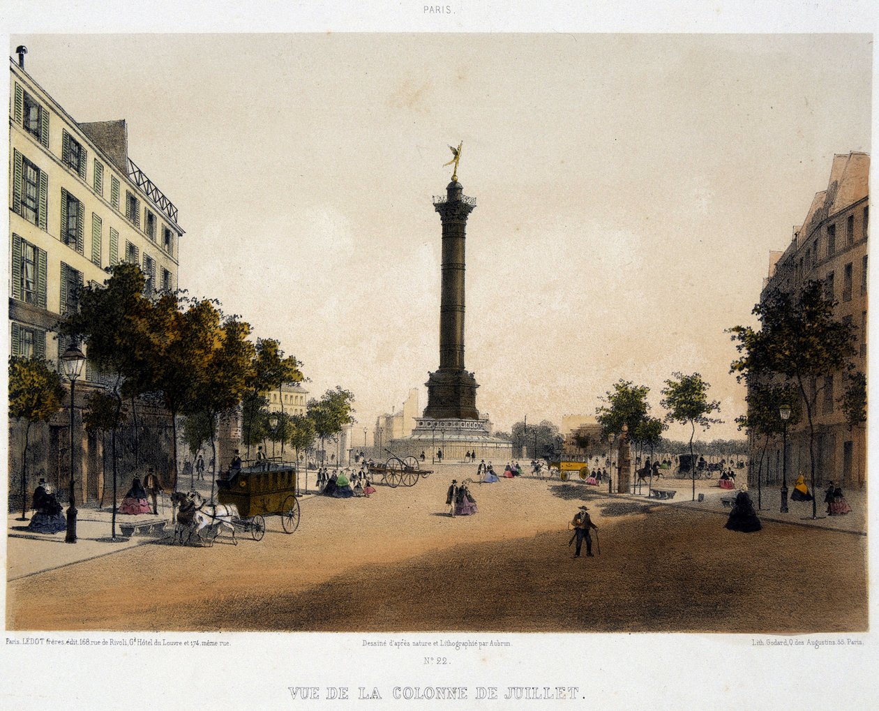 Pohled na sloup července (Place de la Bastille) z Boulevard Beaumarchais - litografie od Unknown artist