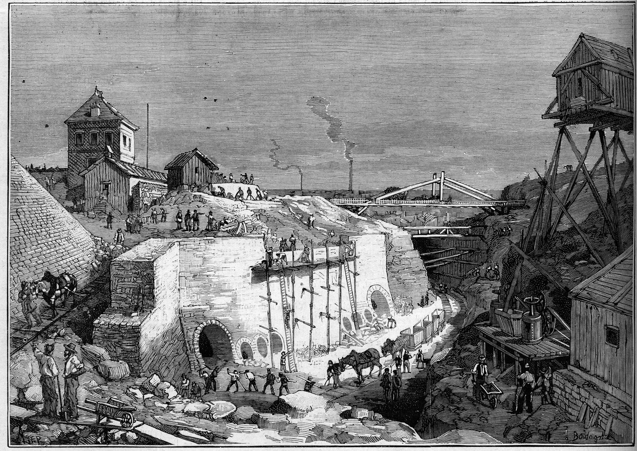 Pohled na staveniště nádrží na pitnou vodu ve Villejuif. Gravírování v „“ Le Monde Illustré““ č. 1300 z 25. února od Unknown artist