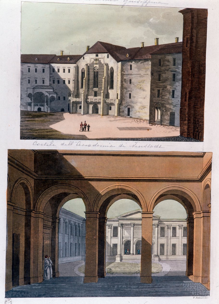 Pohled na nádvoří Academie de Neustadt a veřejné lázně ve Vídni. Rakousko rytina ze soukromé sbírky z roku 1826 od Unknown artist