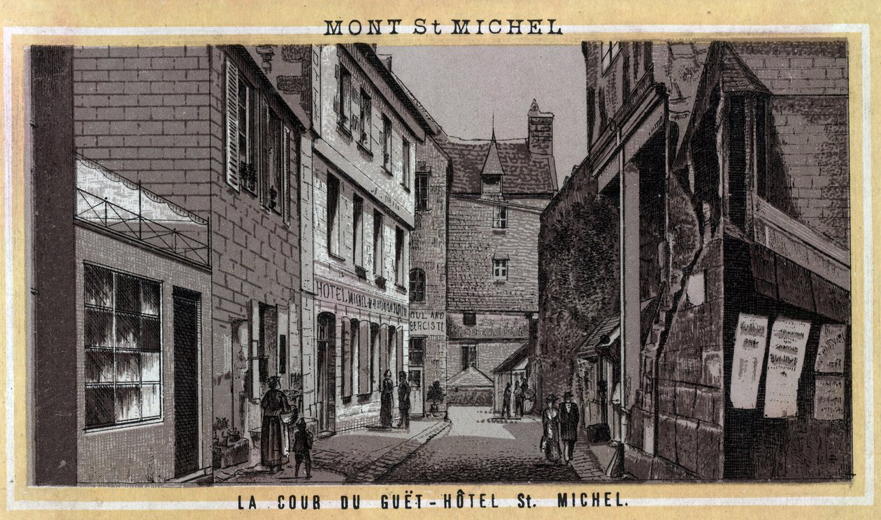 Pohled na nádvoří hotelu Guet (Guet-Hotel) na Mont Saint Michel, Manche, Normandie. Chromolitografie konce 19. století. od Unknown artist