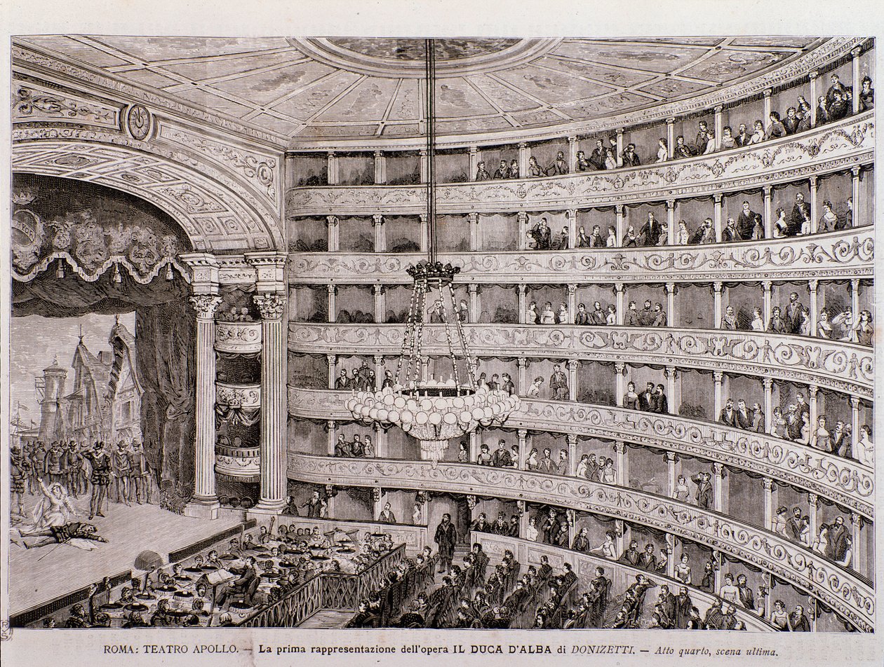 Pohled na první představení opery Vévoda z Alby v Teatro Apollo v Římě od Unknown artist