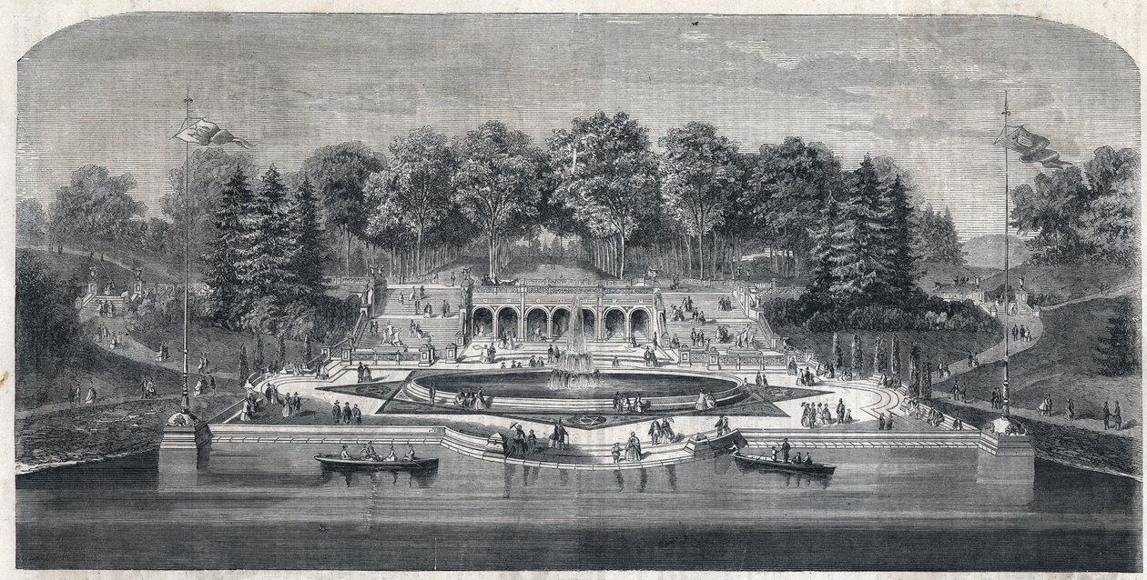 Pohled na zahradu ""Central Park"" v New Yorku, Spojené státy americké. Architektura Fredericka Lawa Olmsteda (1822-1903) a (1824-1895) ve čtvrti Manhattan. Gravírování v „The Illustrious Universe“ od Unknown artist