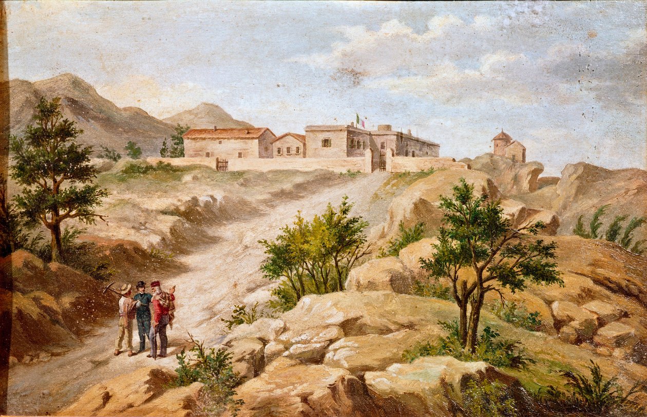 Pohled na dům italského patriota a hrdinů Risorgimento Giuseppe Garibaldi (1807-1882) a Caprera (Sardinie) Garibaldi je se dvěma rolníky vlevo na obrázku. Anonymní obraz římského Museo del Risorgimento z 19. století od Unknown artist