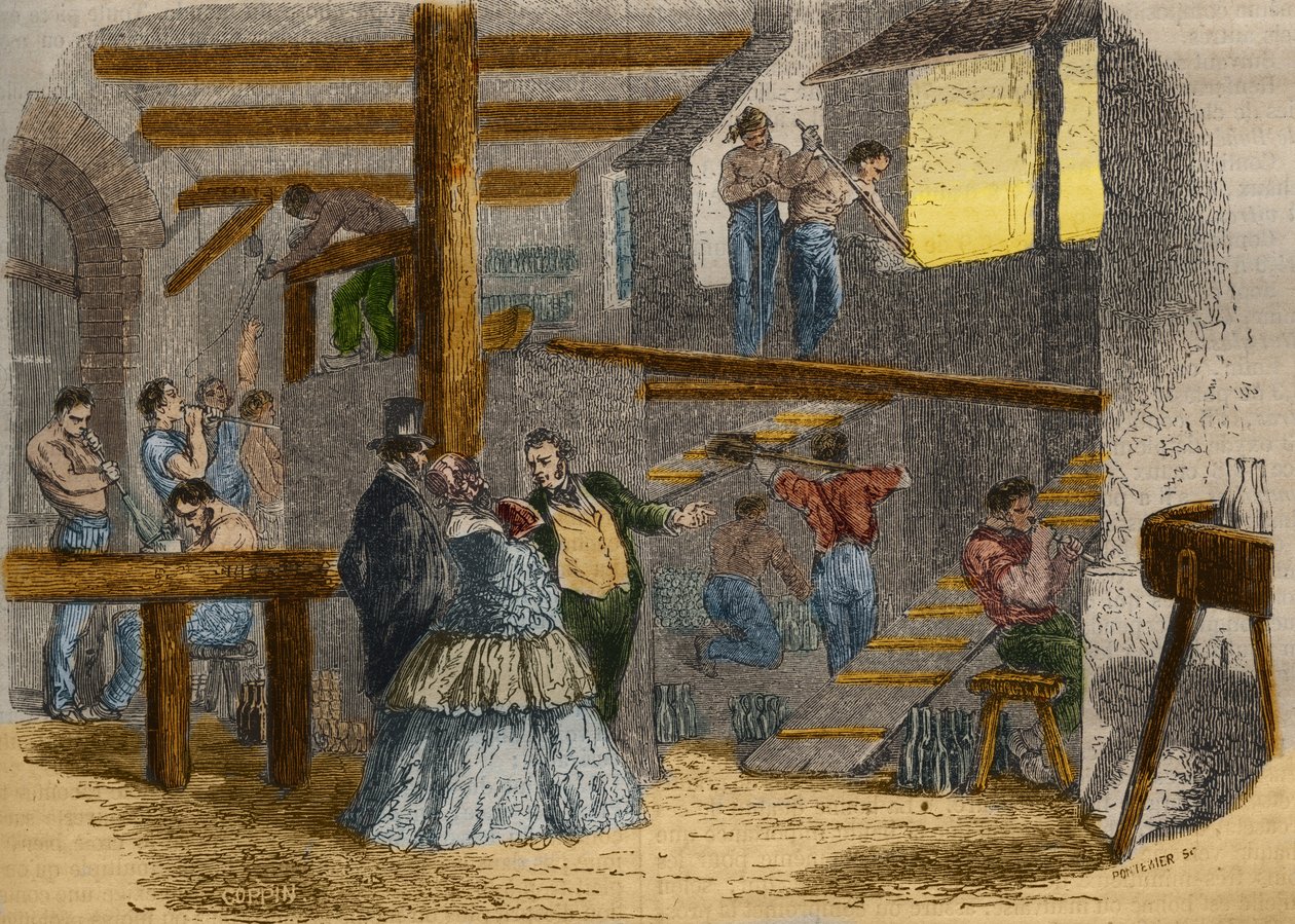 Pohled na vnitřek skla s foukači skla. Rytina z roku 1856 v „“Le Musee Des Sciences““ od Unknown artist