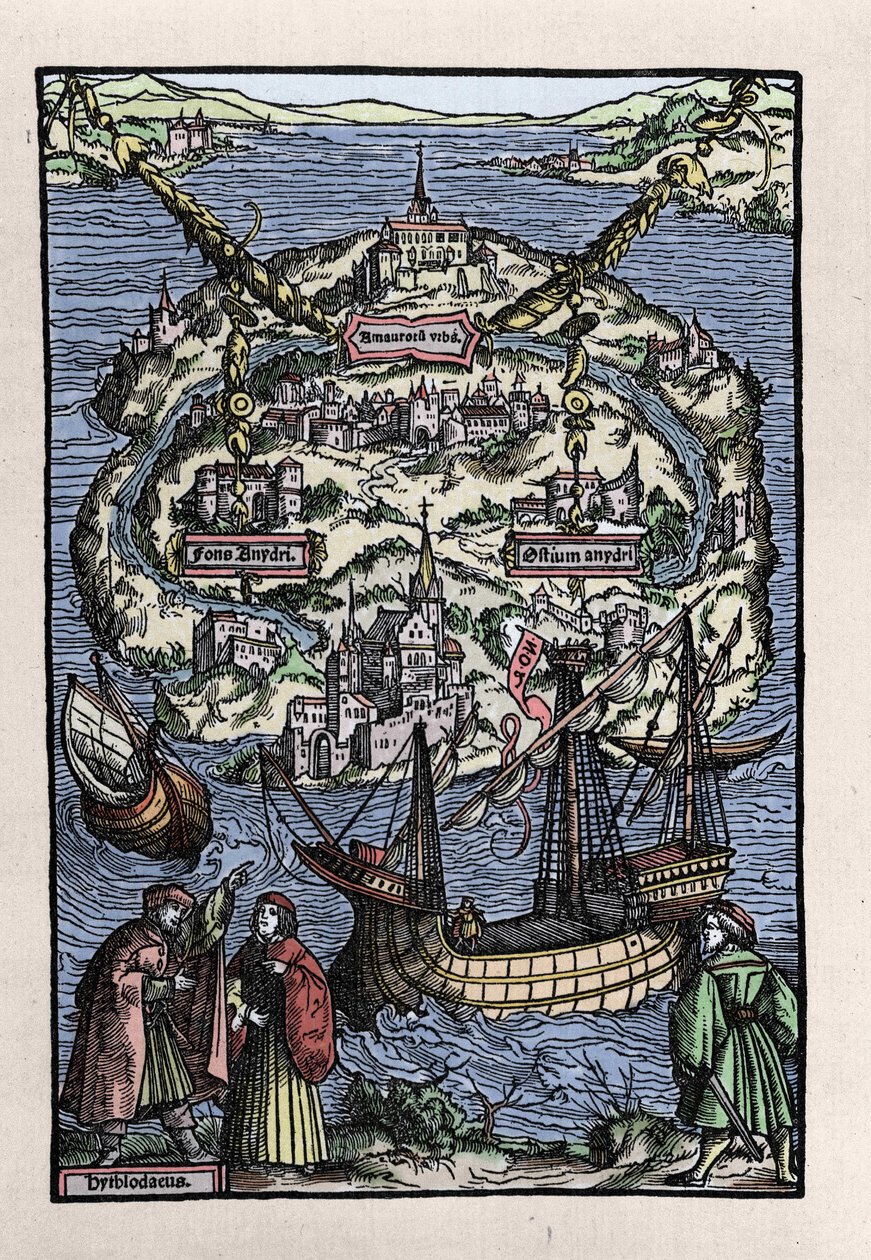 Pohled na ostrov Utopie (Utopie) z knihy Thomase Mora (1478-1535), „“Optimální stav republiky, která nově izoluje Utopii“. Vyryl Johann Froben. 1518. od Unknown artist