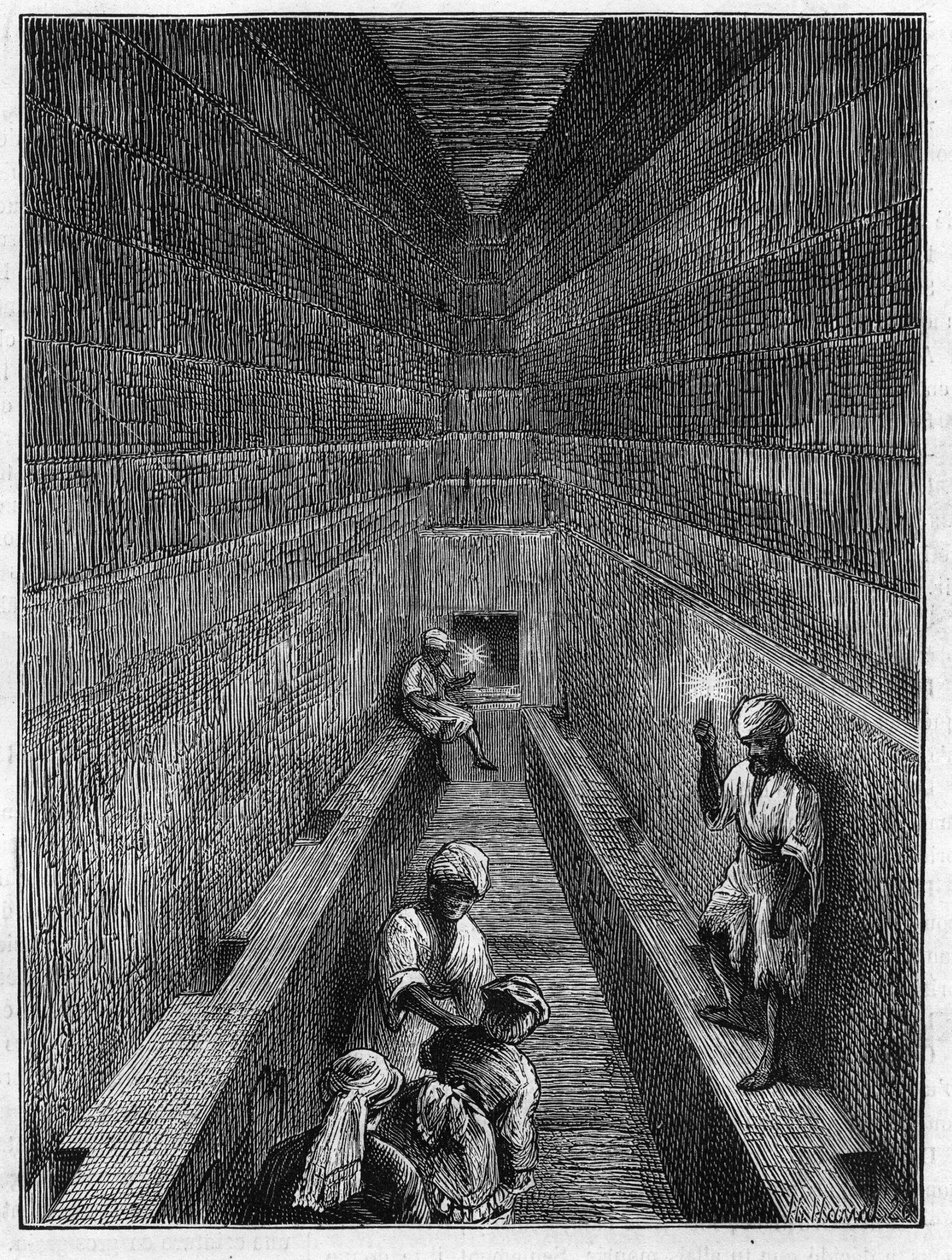 Pohled na velkou galerii pyramidy Kheops (Cheops, Keops, Khoufu, Khufu) v Guizeh (Guiseh, Gíza, Gíza), Egypt od Unknown artist
