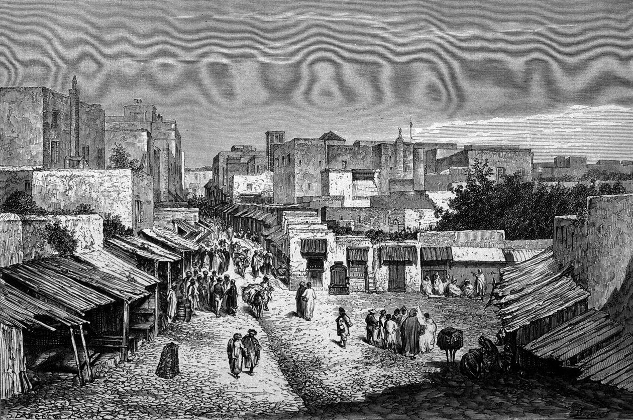 Pohled na hlavní silnici opevněného města Tanger a pobřeží, Maroko. Rytina 19. století. od Unknown artist