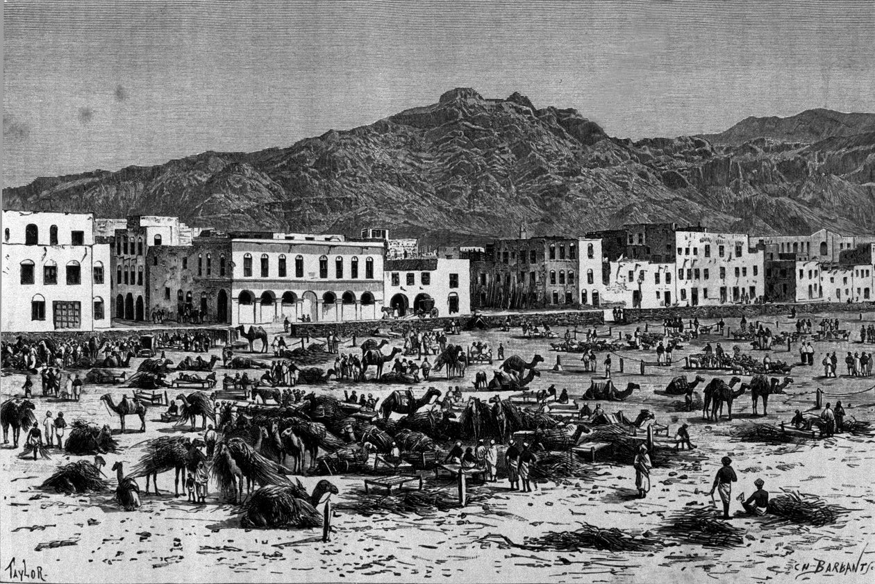 Pohled na pochod Aden v Habeši. Rytina kolem roku 1880 od Unknown artist