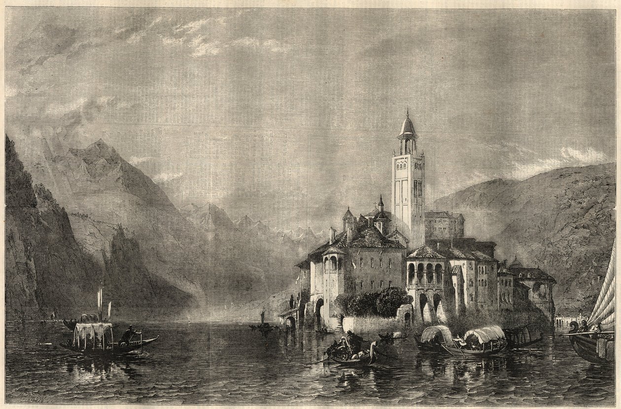 Pohled na klášter Mater Ecclesiae na ostrově Saint Jules (Saint Jules) (San Giulio) na jezeře Orta (jezero Cusio) v Itálii. Rytina podle obrazu Williama Collingwooda Smithe (1815-1887). V „The Illustrated London News“ z 22. března od Unknown artist