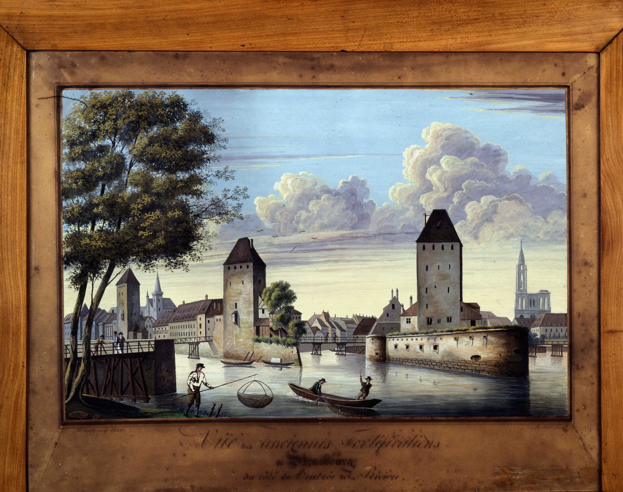 Pohled na staré opevnění ve Štrasburku na straně vstupu do řeky - malba na skle od Unknown artist
