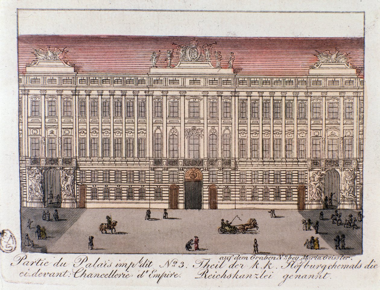 Pohled na část císařského paláce s názvem Chancery of Empire ve Vídni. Rakousko. Rytina ze soukromé sbírky z roku 1815 od Unknown artist