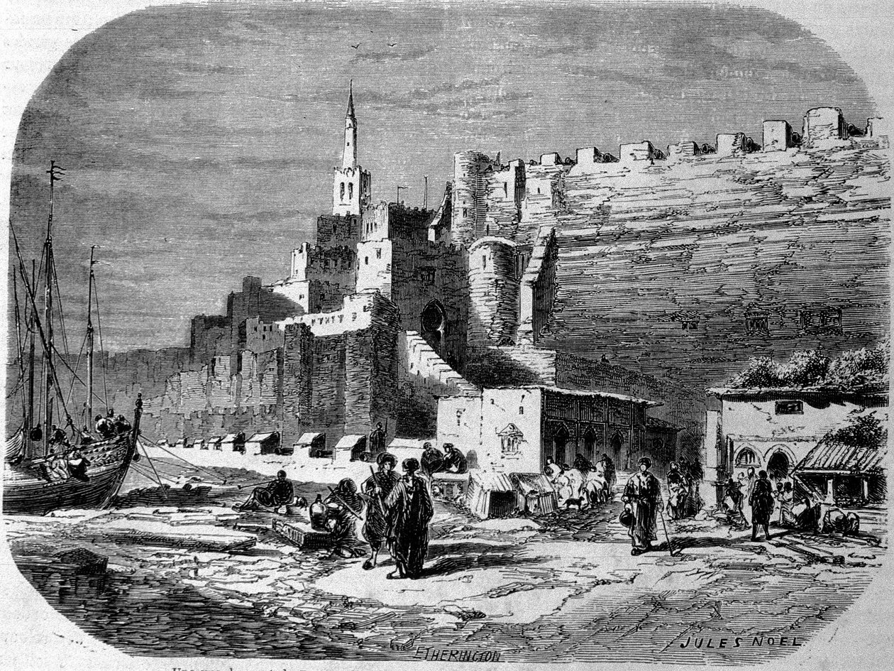 Pohled na přístav opevněného města Tanger a pobřeží, Maroko. Rytina z roku 1860. od Unknown artist