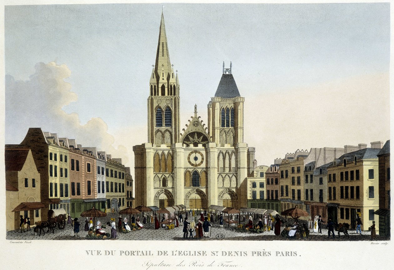 Pohled na portál kostela St Denis, nedaleko Paříže, pohřeb francouzských králů a trh na náměstí - v „Paris par Courvoisier““ od Unknown artist