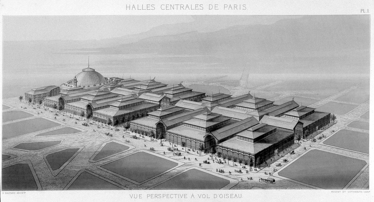 Pohled na oblohu centrálních hal Paříže (pavilony Balard) - Monografie Central Halles of Paris, V. Balard od Unknown artist