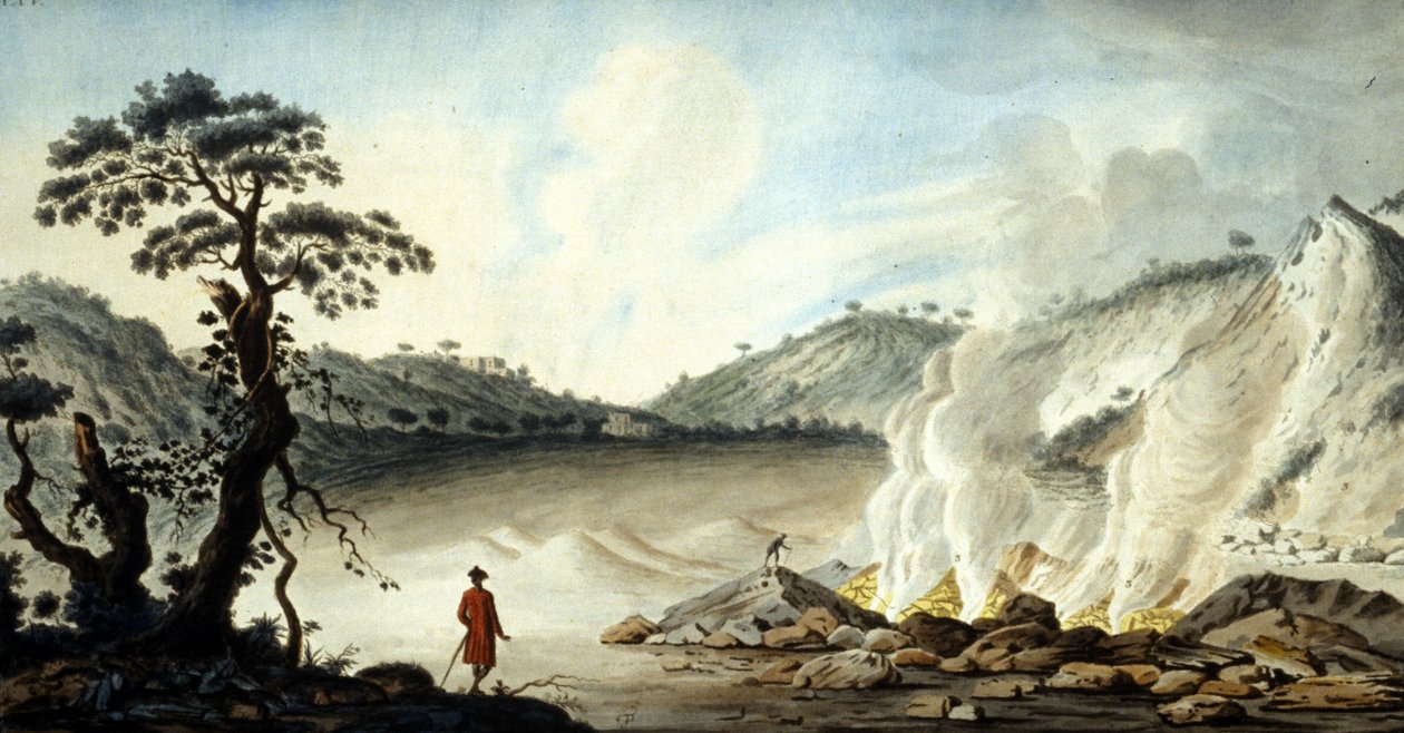 Pohled na solfatare, vulkanický terén vycházející z horkých výparů a sirných plynů. Pozzuoli poblíž Neapole. 19. století. od Unknown artist