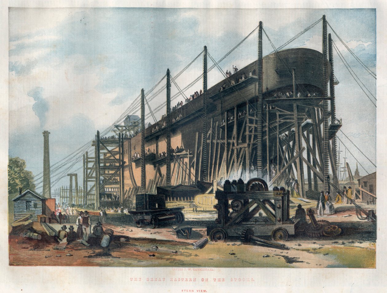 Pohled na záď transatlantického parníku „Great Eastern““ (Leviathan) ve výstavbě v loděnici Thames v Londýně. Gravírování do „“ The illustrated London News““ ze 7. listopadu 1857. od Unknown artist