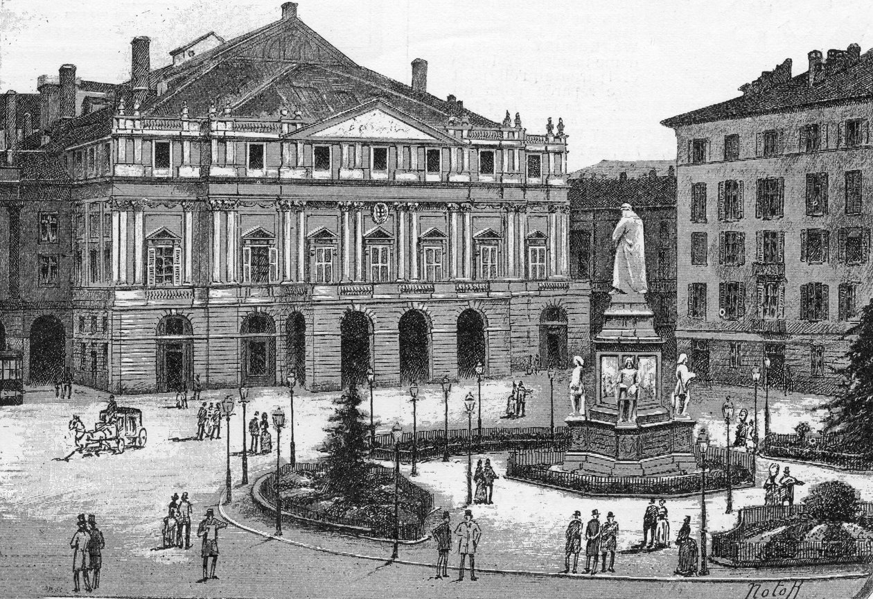Pohled na divadlo La Scala v Miláně, Itálie. (Teatro alla Scala Milano) Rytina v „“The Illustrous World““ od Unknown artist